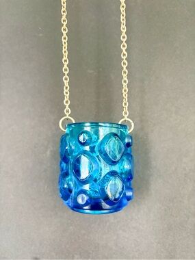 Groovy 70’s Hanging Glass Votive Holder in Teal with Long Gold Chain